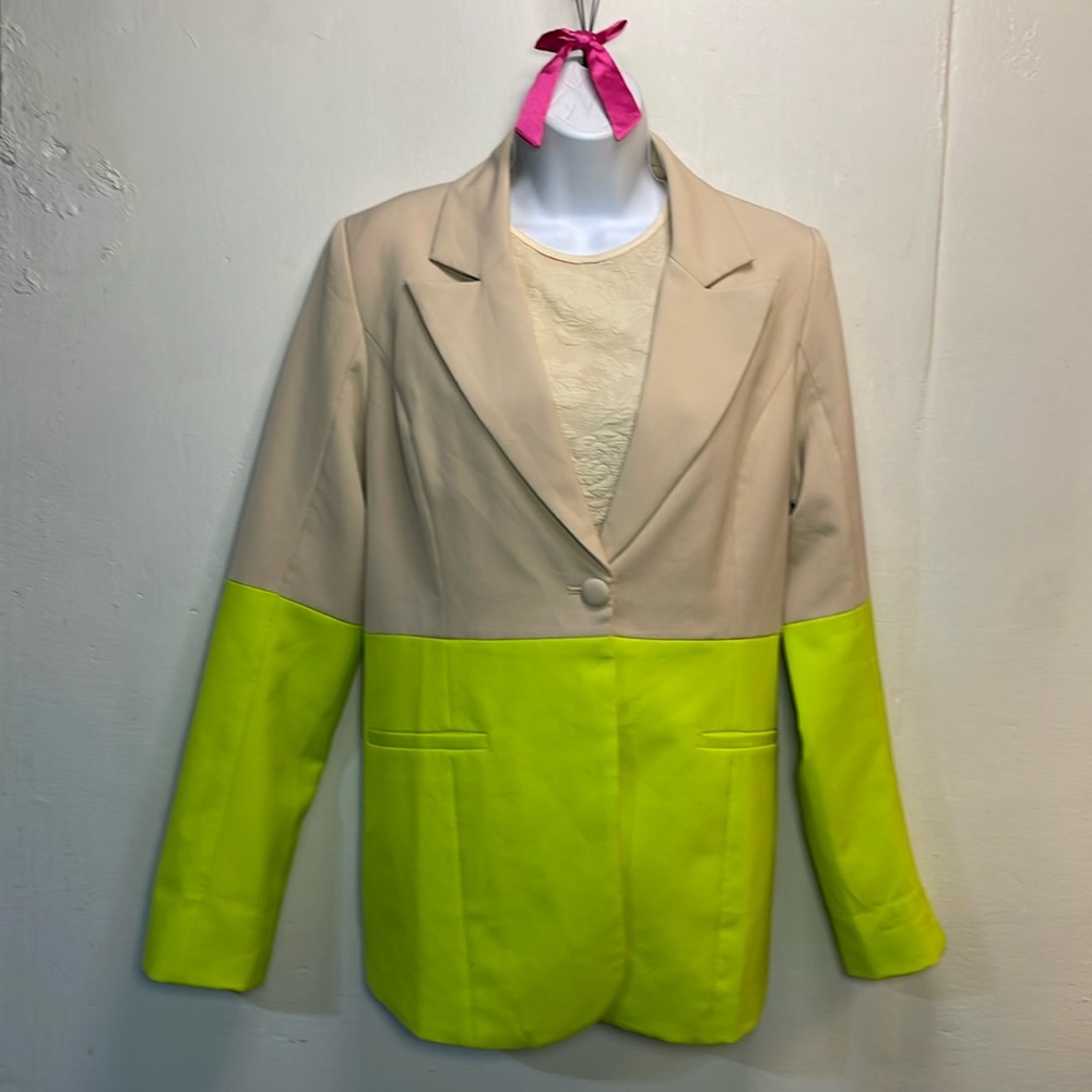 Fate Women’s Tan & Bright Green Blazer Tailored Longline Office-M-
#0098
